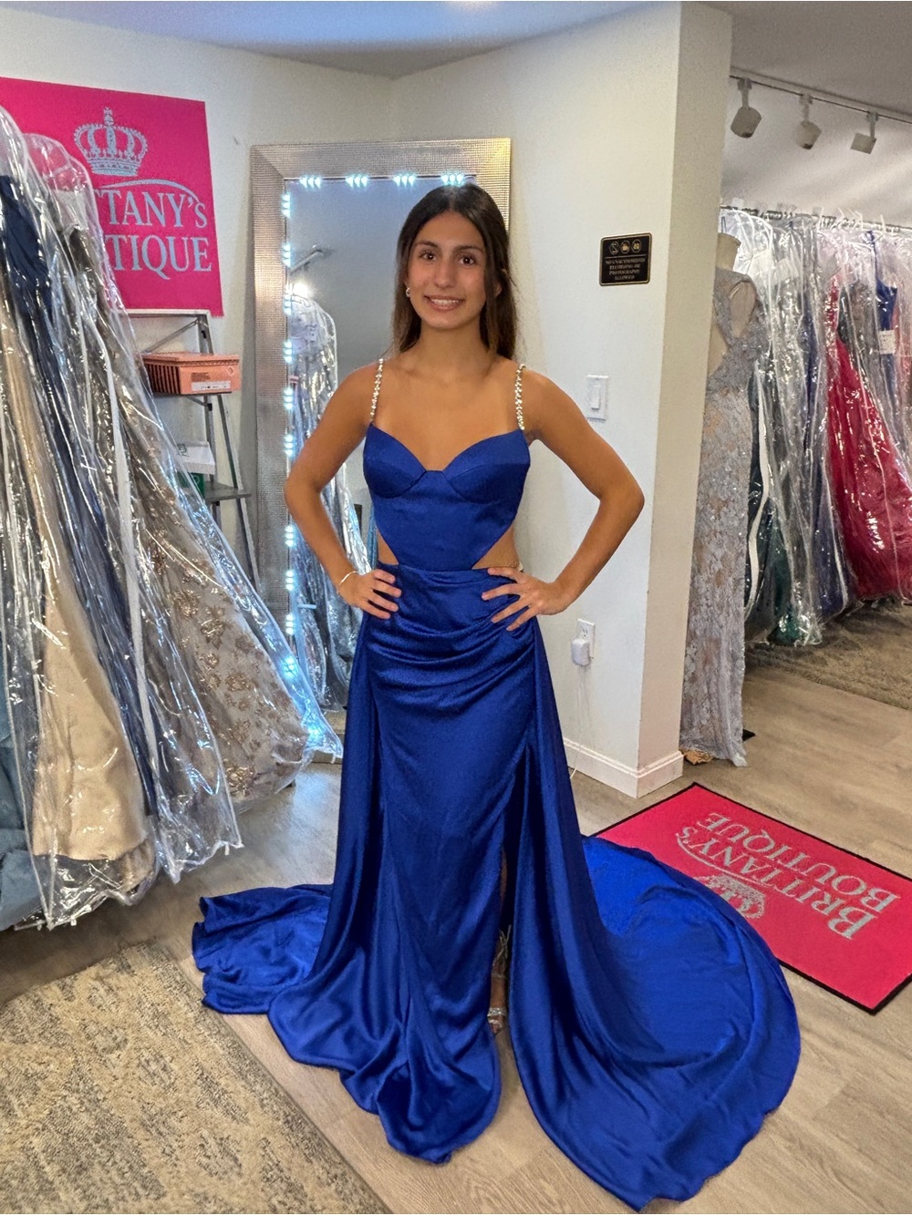 Tarik Ediz Royal Blue Satin Prom Gown with Beaded Straps